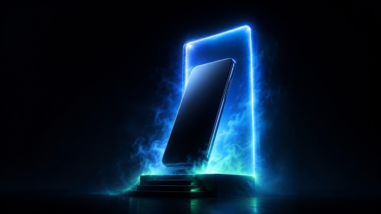 A sleek smartphone rising through a glowing gateway — passing App Store review